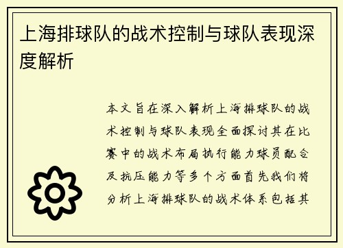 上海排球队的战术控制与球队表现深度解析