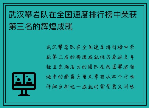 武汉攀岩队在全国速度排行榜中荣获第三名的辉煌成就